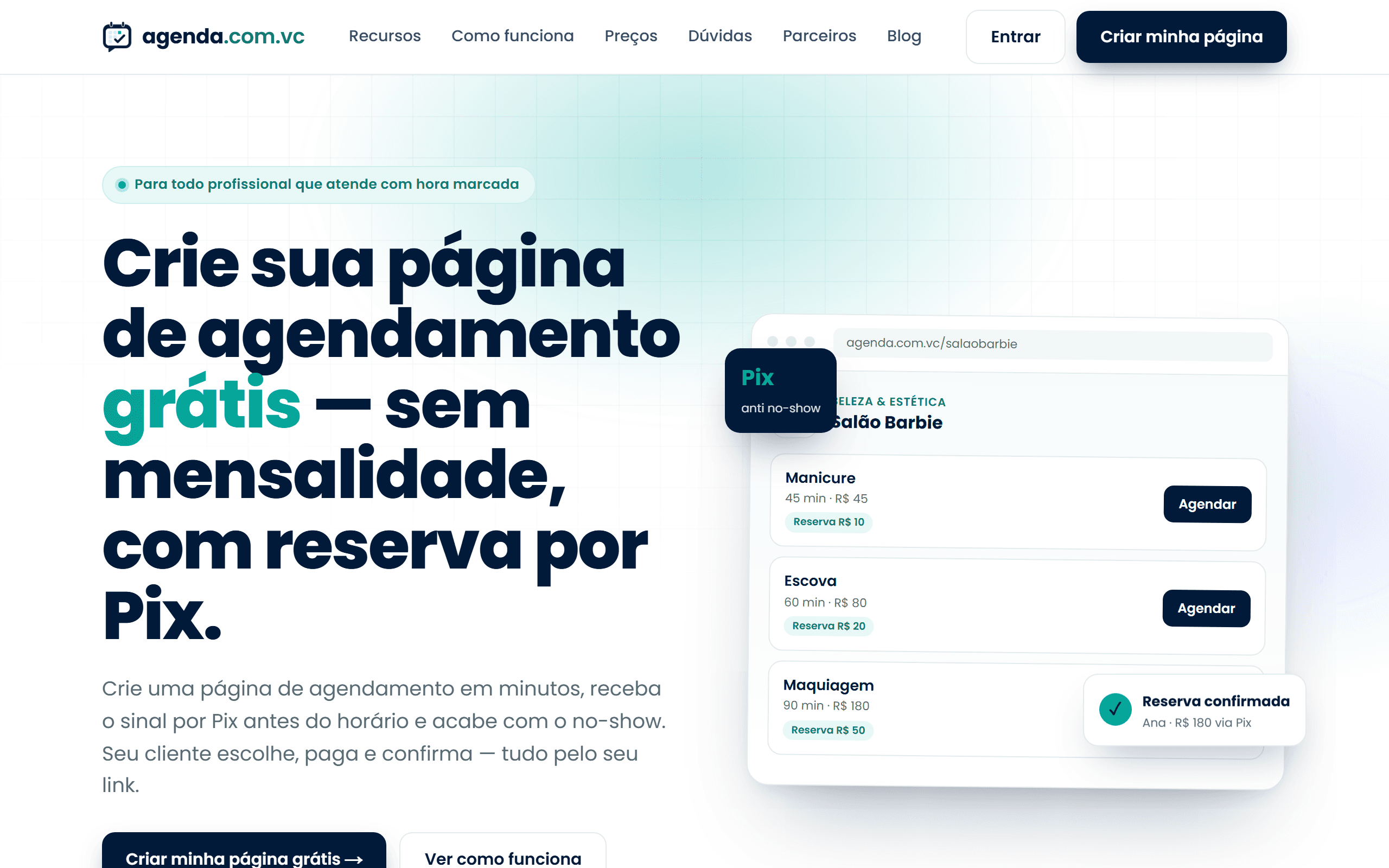 A página inicial do agenda.com.vc, com serviços, valor do sinal e uma reserva confirmada por Pix.